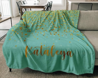 Sparkling Gold Glitter Personalized Blankets with Name for Boys Girls Adult, Sparkling Print Personalized Blankets Gift