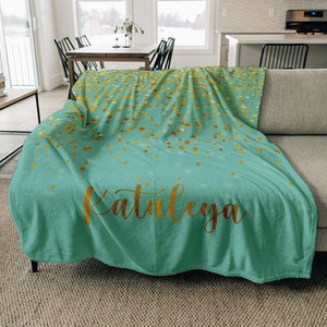 Sparkling Gold Glitter Personalized Blankets with Name for Boys Girls Adult, Sparkling Print Personalized Blankets Gift