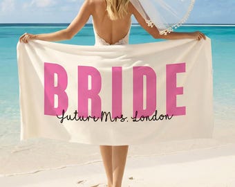 Personalized Bride Beach Towel: Bold Font Bridal Shower Gift