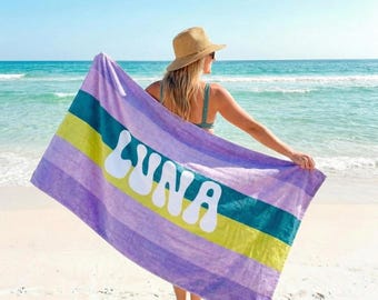 Retro MULTI COLOR STRIPE Personalized Beach Towel: Custom Name Bath Towel