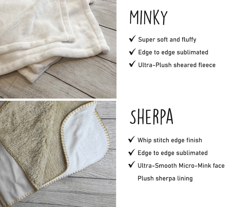 Puede incluir: Primer plano de dos mantas. La manta superior es blanca y est&aacute; etiquetada como "MINKY", con caracter&iacute;sticas: s&uacute;per suave y esponjosa, sublimada de borde a borde y forro polar ultra suave. La manta inferior est&aacute; etiquetada como "SHERPA".