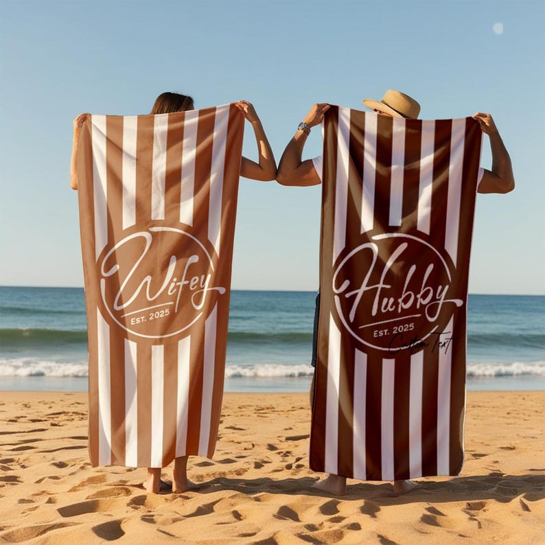Personalized Wifey & Hubby est.2026 Beach Towel: Honeymoon Gift 1pcs image 9