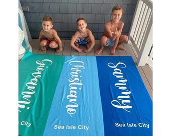 Personalized Script Beach Towel: Custom Name, Vacation Gift