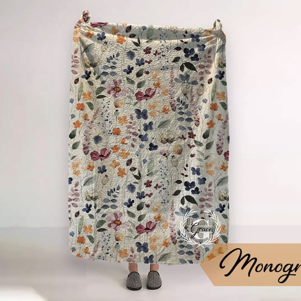 Monogram Quilted Blanket: Watercolor Floral Vintage Style (60” x 80”)