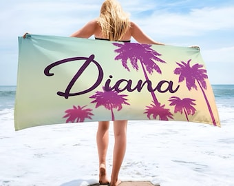 Retro Personalized Beach Towel: Custom Name, Palm Tree Design