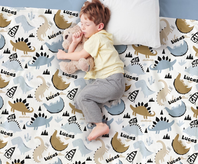 May include: A white baby blanket with a repeating pattern of blue and brown dinosaurs. The name "Lucas" is printed on the blanket in black letters.