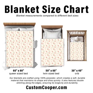 May include: A chart showing the different sizes of blankets for queen, twin, and crib beds. The chart shows the dimensions of each blanket in inches. The blankets are all patterned with a pink and green floral design.