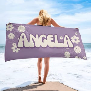 Personalized Groovy Flower Beach Towel: Custom Name Bath & Pool Towel