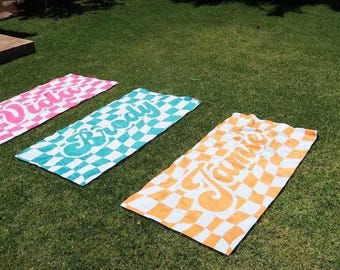 Personalized Retro Checker Beach Towel: Custom Name Gift