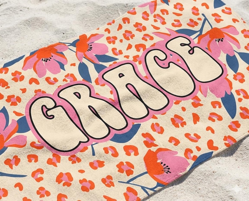 Personalized Tropical Floral Beach Towel, Custom Name Pool Towel, Summer Vacation Gift image 3