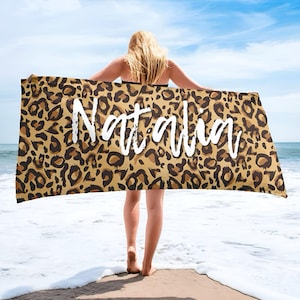 Leopard Print Style Personalized Beach Towel Personalized Name Bath Towel Custom Pool Towel Beach Towel With Name Outside Birthday Gift