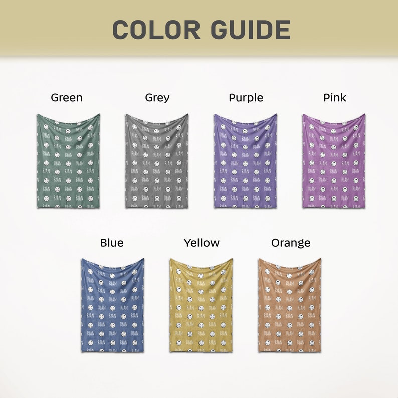 May include: Color guide for a blanket with a repeating pattern of smiling faces. The blanket is available in 10 colors: green, grey, purple, pink, blue, yellow, orange, red, white, and black.