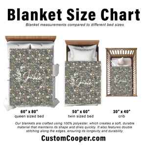 May include: A size chart for blankets showing three different sizes: 60 inches by 80 inches, 50 inches by 60 inches, and 30 inches by 40 inches. Each size is shown on a bed with a floral patterned blanket. The text "CustomCooper.com" is at the bottom of the image.