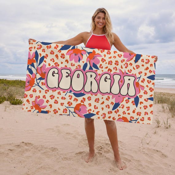Personalized Tropical Floral Beach Towel, Custom Name Pool Towel, Summer Vacation Gift