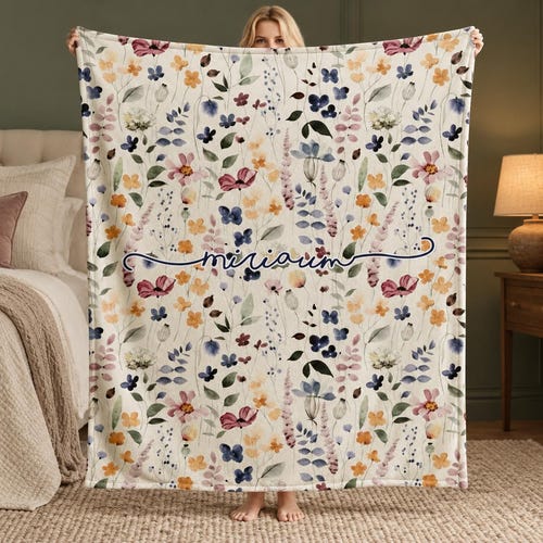 Manta Minky personalizada con estampado floral en acuarela, regalo personalizado con nombre para niñas.