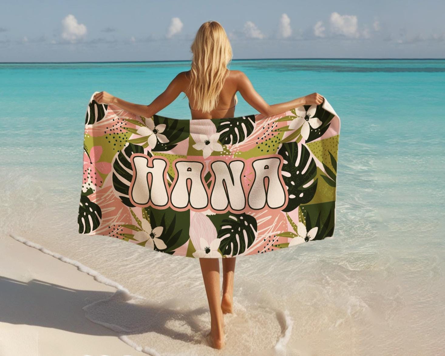 Personalized Palm Leaf Beach Towel: Custom Name Pool Towel