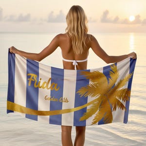 Personalized Gold Palm Tree Beach Towel: Custom Name Vacation Gift