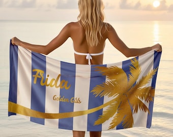 Personalized Gold Palm Tree Beach Towel: Custom Name Vacation Gift