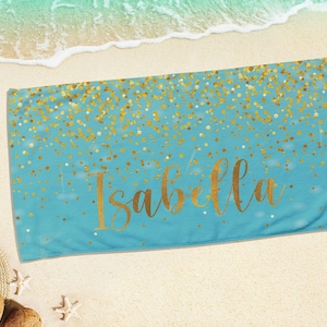 Toalla de playa personalizada con nombre y brillo dorado: regalo de vacaciones personalizado