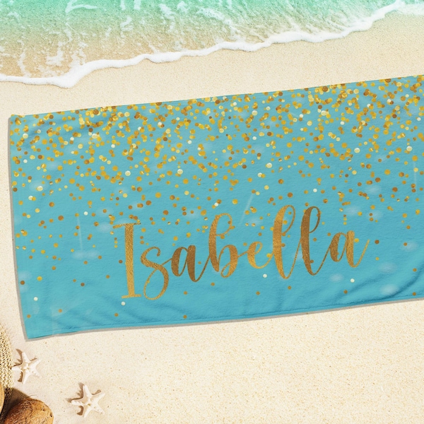 Personalisiertes funkelndes Goldname Strandtuch: Kundenspezifisches Urlaubsgeschenk