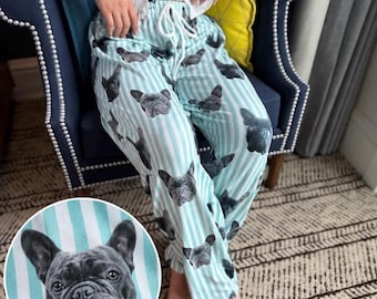 Anpassade randiga pyjamasbyxor för husdjur, personliga nattkläder för porträtt av fransk bulldogg