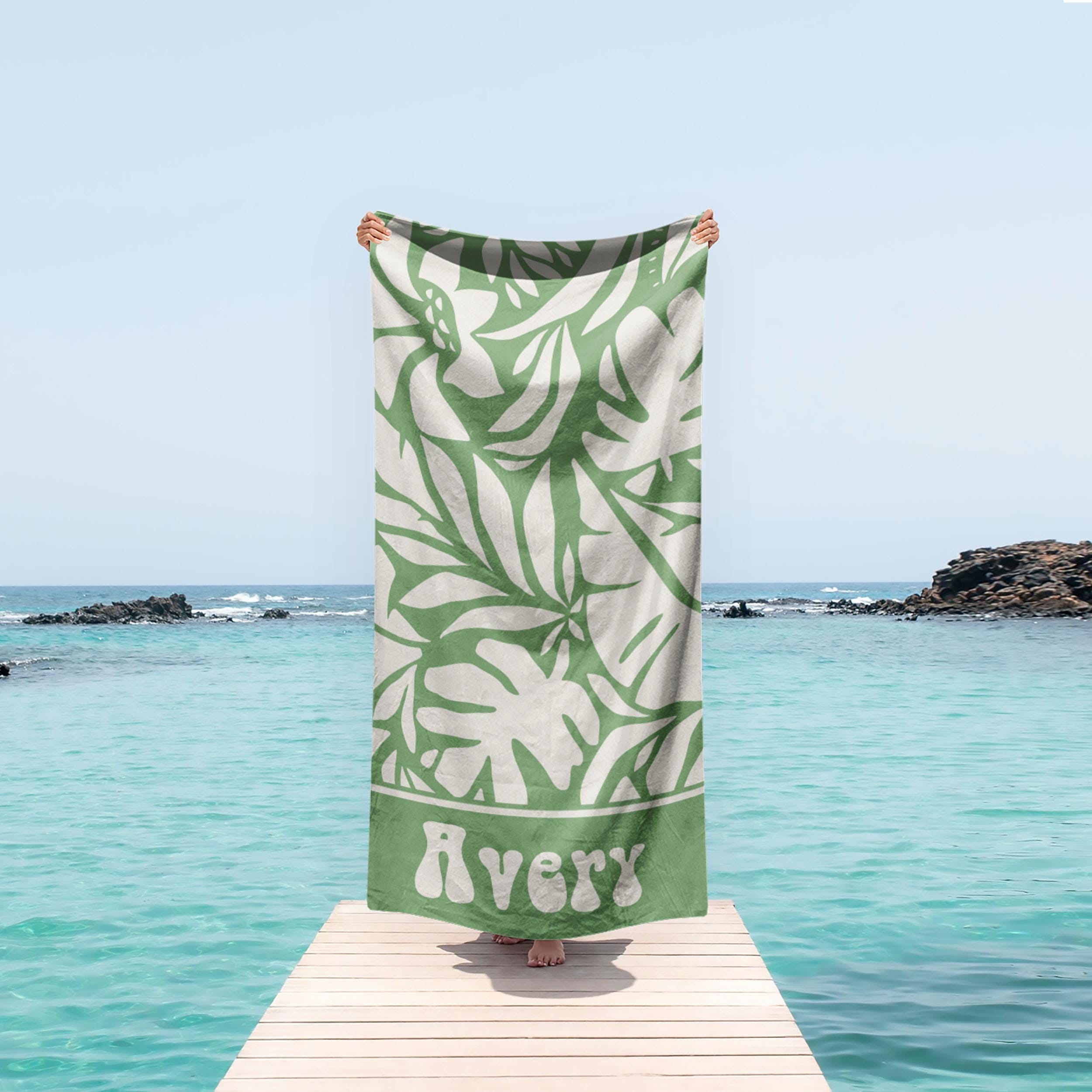 Personalized Leaf Beach Towel: Retro Geometric Pattern, Custom Name Gift