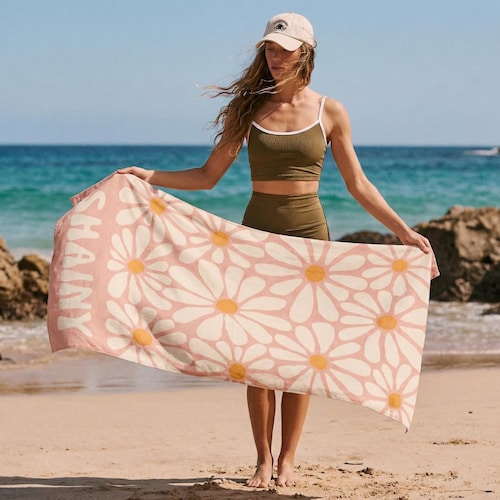 Personalized Daisy Beach Towel, Custom Name, 70s Floral Summer Pool Towel (30"x60")