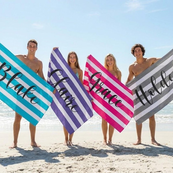 Personalized Stripe Beach Towel: Custom Name Bath & Pool Towel