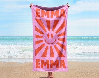 Smile Face Personalized Beach Towel Personalized Name Bath Towel Custom Pool Towel Beach Towel With Name Outside Birthday Vacation Gift