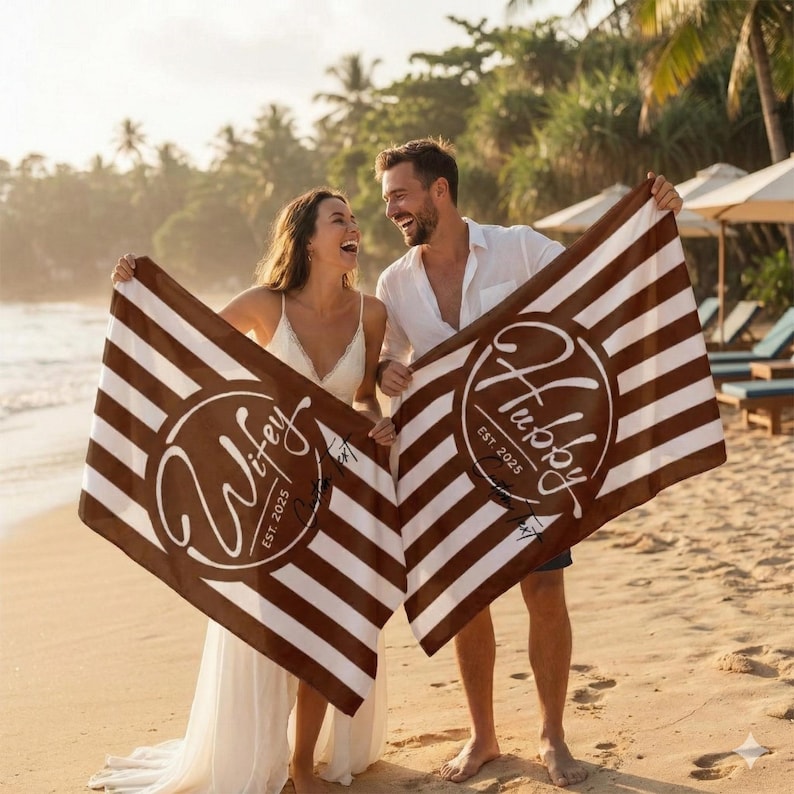 Personalized Wifey & Hubby est.2026 Beach Towel: Honeymoon Gift 1pcs image 2