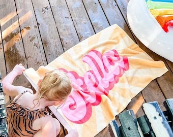 Groovy RETRO Style Personalized Beach Towel Personalized Name Bath Towel Custom Beach Towel With Name Outside Birthday Vacation Gift