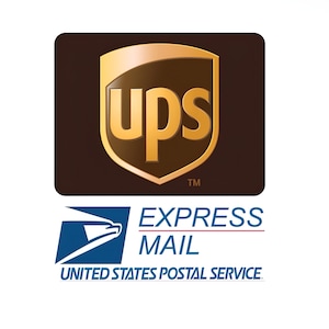 May include: The UPS logo, featuring a gold "ups" on a brown shield, sits above the United States Postal Service Express Mail logo. The USPS logo is a blue eagle with the words "EXPRESS MAIL" and "UNITED STATES POSTAL SERVICE".