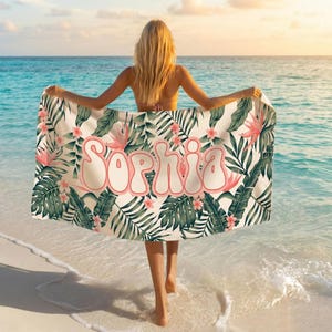 Personalized Tropical Floral Beach Towel, Custom Name Pool Towel, Summer Vacation Gift TROPICAL_1