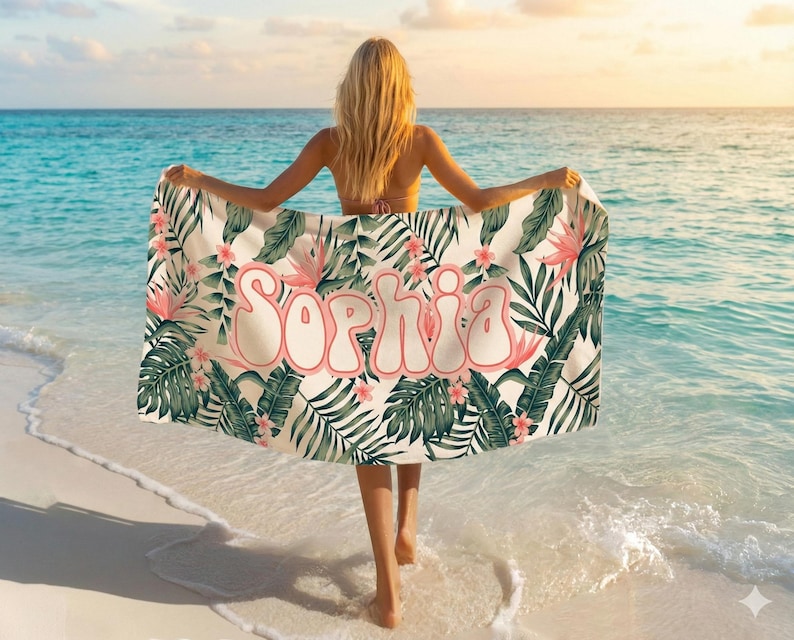 Personalized Tropical Floral Beach Towel, Custom Name Pool Towel, Summer Vacation Gift TROPICAL_1