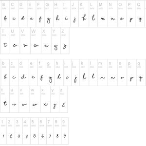 May include: A handwritten font alphabet in black ink on a white background. The letters are in uppercase and lowercase, and there are numbers 0-9. The font is a casual script style.