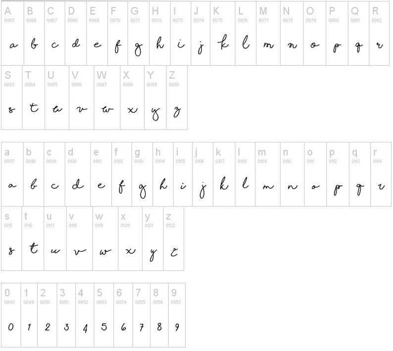 May include: A handwritten font alphabet in black ink on a white background. The letters are in uppercase and lowercase, and there are numbers 0-9. The font is a casual script style.