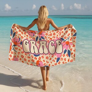 Personalized Tropical Floral Beach Towel, Custom Name Pool Towel, Summer Vacation Gift TROPICAL_5