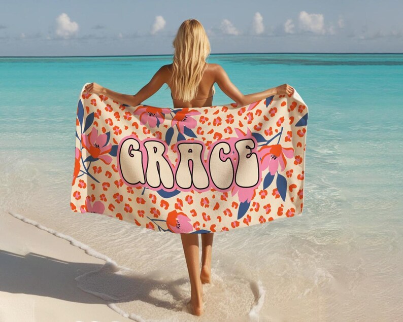 Personalized Tropical Floral Beach Towel, Custom Name Pool Towel, Summer Vacation Gift TROPICAL_5