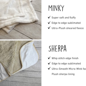 May include: Two different types of blankets are shown. The first is a white minky blanket with a soft, fluffy texture. The second is a sherpa blanket with a whip stitch edge finish and a plush sherpa lining. Both blankets are edge-to-edge sublimated.