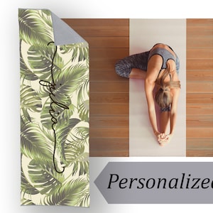 Personalized Yoga Mat Towel: Tropical Leaf Design, Custom Name