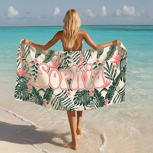 Personalized Palm Leaf Beach Towel: Custom Name Vacation Gift