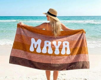 Retro MULTI COLOR STRIPE Personalized Beach Towel: Custom Name Bath Towel
