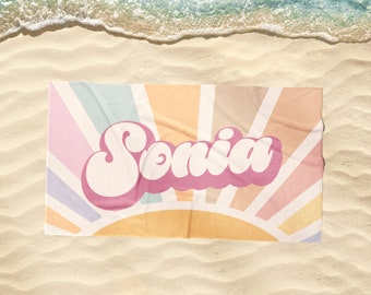 Groovy RETRO Style Personalized Beach Towel Personalized Name Bath Towel Custom Beach Towel With Name Outside Birthday Vacation Gift