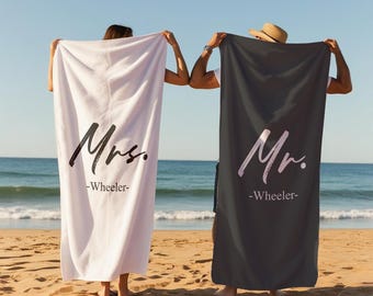 Personalized Mr & Mrs Beach Towel - Custom Couple Honeymoon Wedding Gift Towel