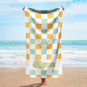 Checkerboard Personalized Beach Towel: Custom Name Bath Towel
