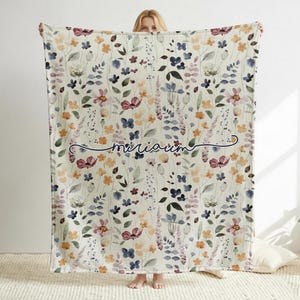 Personalized Watercolor Floral Blanket: Custom Name Minky or Sherpa image 1
