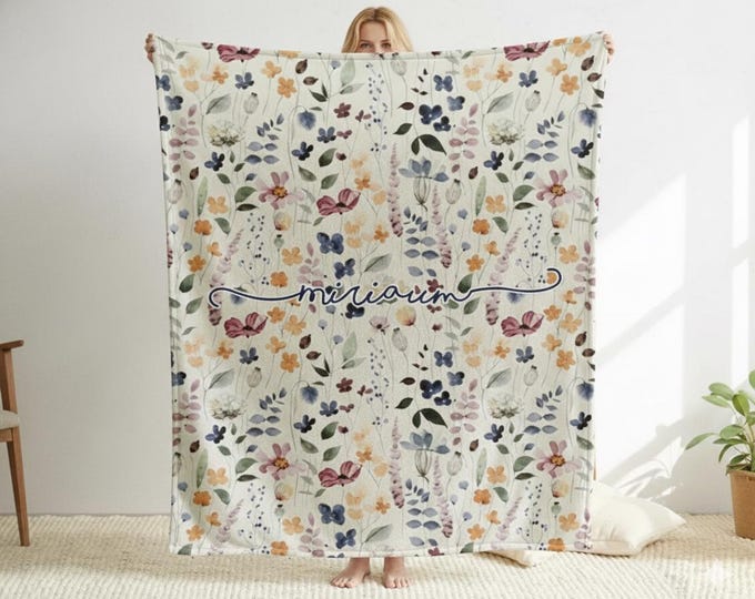 Personalized Watercolor Floral Minky Blanket, Custom Name Gift for Girls