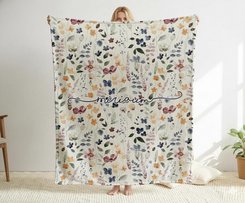 Personalized Watercolor Floral Blanket: Custom Name Minky or Sherpa image 1