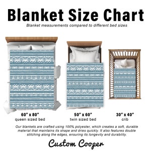 May include: A size chart for blankets showing three different sizes: 60 inches by 80 inches, 50 inches by 60 inches, and 30 inches by 40 inches. Each size is shown on a bed, with the blanket draped over the top. The text "Blanket Size Chart" is at the top of the image, and the text "Custom Cooper" is at the bottom.