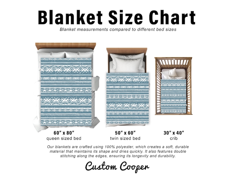 May include: A size chart for blankets showing three different sizes: 60 inches by 80 inches, 50 inches by 60 inches, and 30 inches by 40 inches. Each size is shown on a bed, with the blanket draped over the top. The text "Blanket Size Chart" is at the top of the image, and the text "Custom Cooper" is at the bottom.